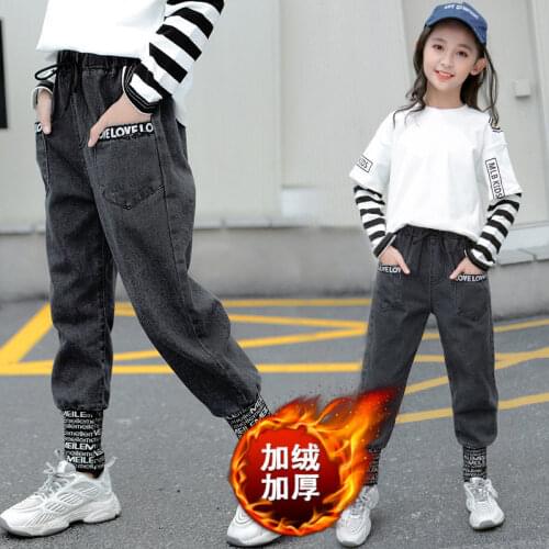 New 2020 Girls Autumn/Winter Velvet Ankle Banded Jeans Childrens Letter Jacquard rib Stylish Washed Denim Loose Soft Pants HOT