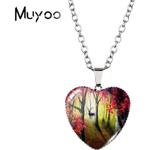 2021 New Arrival Colorful Beautiful Landscape Tree Painted Scenery Heart Necklaces Handcraft Jewelry Pendants Heart Necklace HZ3