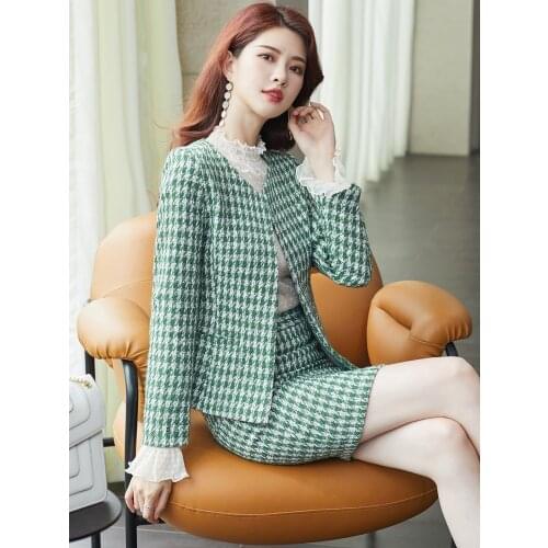 New Arrival Fashion Women Business Suits with Skirt and Jacket Sets Green Blazer Ladies Work Wear Office Uniform Styles