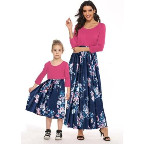 Family Matching Dress Mama and Daughter Seven-point Sleeve Clothes Elegant Patchwork Adult Child Long Dresses Twin Sister Wear