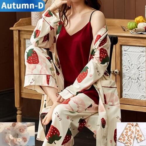 Autumn Women Pajama Sets Printed Nightgowns Sexy Female Sleepwear Plus Size Pijama Trouser Suits 3PCS Ladies Cotton Night Wear