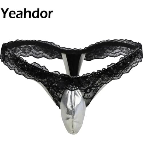 2021 Mens Sexy Lingerie Thong Patent Leather Lace Pouch Briefs G-string Sissy Male Erotic Underwear with Bulge Pouch