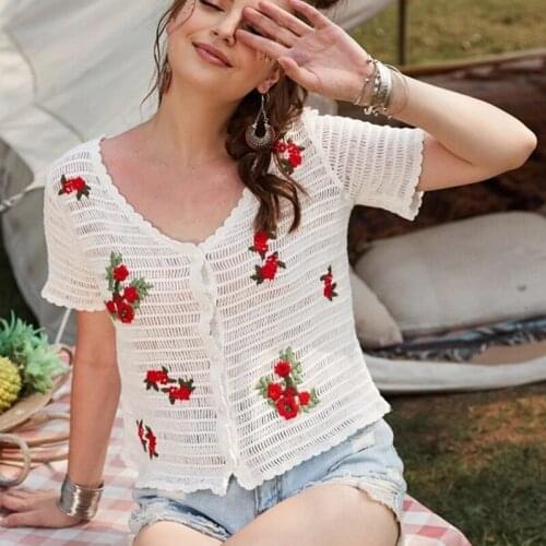 Knitted Flower Embroidery Short Sleeve Spring Autumn Summer Vintage Clothes For Women T-Shirt Tops Blouses Vetement Femme 2021