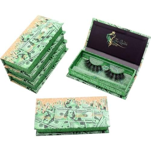 Green Dollar Rectangle Eyelash Box Mink Eyelashes 25mm Fake Lashes With Packaging Boxes Custom Lashbox Package With Logo