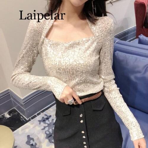 2020 Women Sequined T-shirts Long Sleeve Women Bling Bling Silver T-shirts Lady Long Sleeve Shiny Tops Club Shirts laipelar