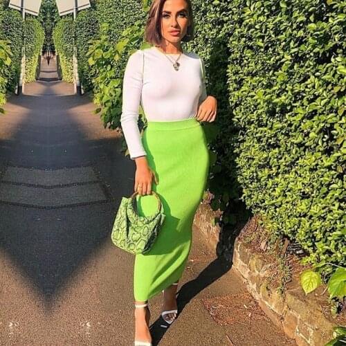 High Waist Bodycon Neon Pink Skirt Women 2021 New Spring Autumn Knitted Midi Skirt Female Elegant Office Workwear Pencil Skirts