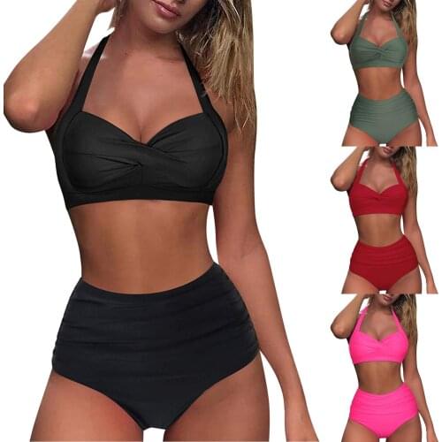 Woman bikini suit summer sexy halter high waist strap split swimsuit bikini suit simple solid color купальник женский 50