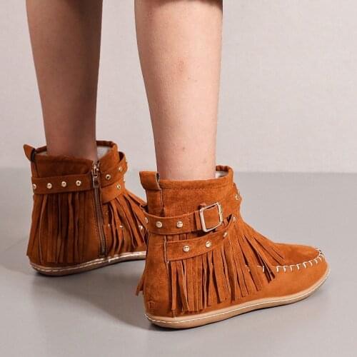 Woman Zipper Flat Heels Tassel Boots Dropshipping Women Faux Suede Winter Metal Rivet Vintage Cowboy Shoes Ankle Boots Autumn