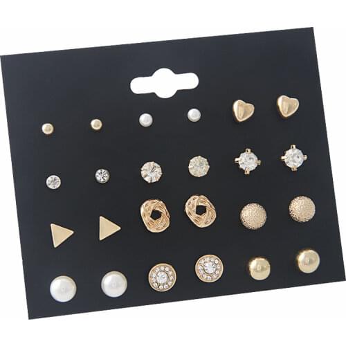 Trendy 12 pairs/set Cute Triangle Crystal Heart Stud Earrings for Women Ball Simulated Pearl Flower Earring Set brincos