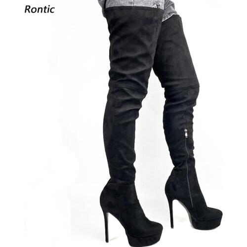 Rontic New Arrival Women Winter Platform Thigh Boots Suede Sexy Stiletto Heels Round Toe Classics Black Party Shoes US Size 5-20
