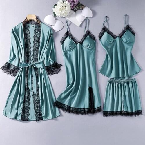 Lace Patchwork Women Pajamas Set Sexy Lace 4PCS Sleepwear Summer New Robe Suit Female Sleep Set V-neck Pijamas Suit Home Clothes