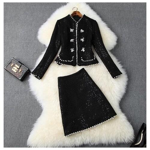 Autumn and winter womens new V-neck tweed cardigan jacket + beaded skirt small fragrance suitT3715