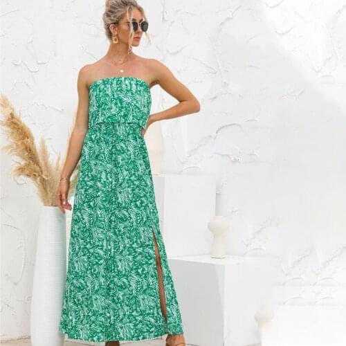 Summer Elegant Ball Gown Strapless Print Split Long Dress For Women Off Shoulder Sexy Party Sleeveless Maxi Dress Vestidos Midi
