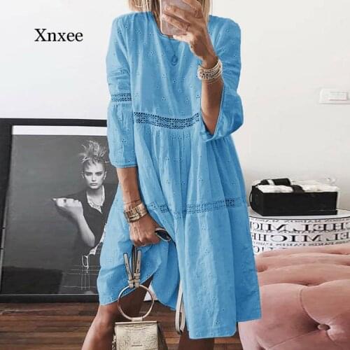 Summer Ladies Ruffle Printed Long Sleeve Dress Elegant Embroidery Casual O-Neck Knee-Length Loose Dress