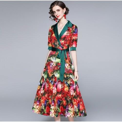 2021 summer fashion women Dress short Sleeve Maxi Dress Womens V Collar Floral Print Vintage Long Dress
