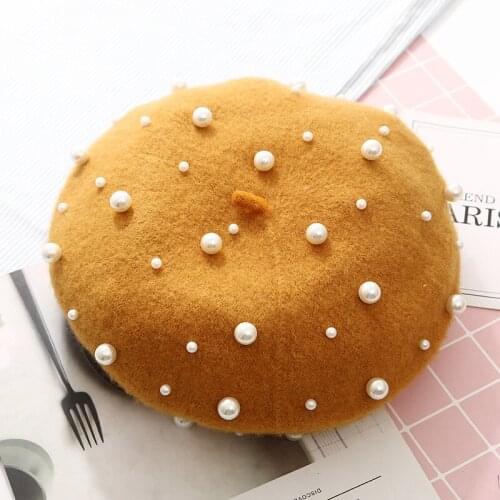 1pcs Women Winter Berets Luxury Pearl Rivet Vintage Cashmere Female Warm Beret Hats Girls Flat Cap Beret for Women
