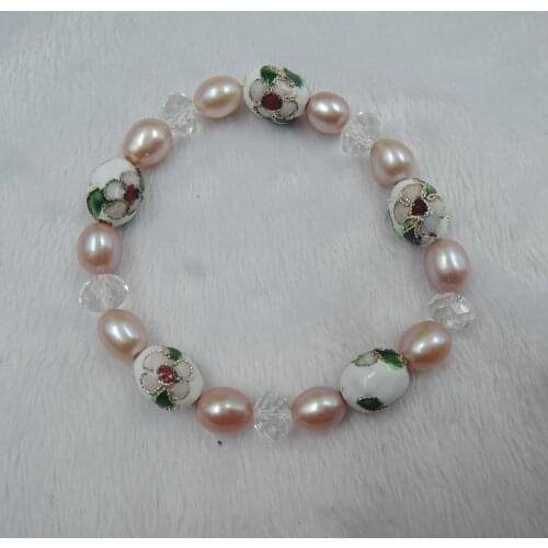 100% NATURE FRESH-WATER AAA PEARL Bracelet with cloisonne enamel beads