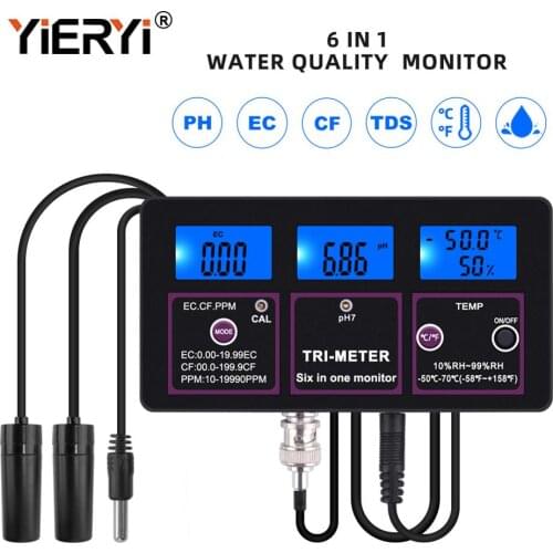 Yieryi 6 in 1 Water Quality Monit Aquarium Online PH Meter TDS Temperature Conductivity Test EC/CF Measurement Analysis Tool