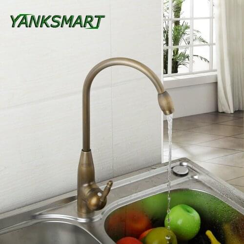 YANKSMART UK Kitchen Antique Brass Solid Brass Basin Sink Swivel Faucet Single Lever Rotated Taps Deck Mounted Mixer Tap