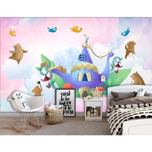 Customized large 3D mural wallpaper watercolor Aladdin castle bear bird childrens room background wall