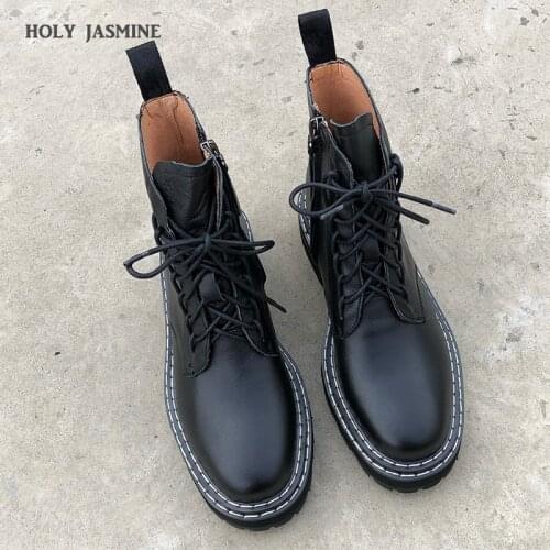 2020 New Genuine Leather Ladies Martins Women Lace Up Low Heel Casual Ankle Boots Shoes Woman Leather Short Boots Platform Boots