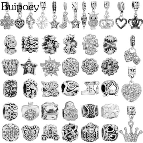 Buipoey 2pcs Silver Color Rhinestone Beaded Flower Pendant Heart Crown Charm Fit Brands Charms Bracelets DIY Jewelry Making
