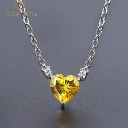 GICA GEMA 9*8mm Real 925 Sterling Silver Pendant Necklace For Women Heart Created Yellow Diamond Wedding Female Fine Jewelry