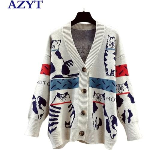 AZYT Autumn V Neck Knit Cardigan Female Fashion Cartoon Print Women Sweater Jacket Casual Pull Femme Long Sleeve Knitwear 2021