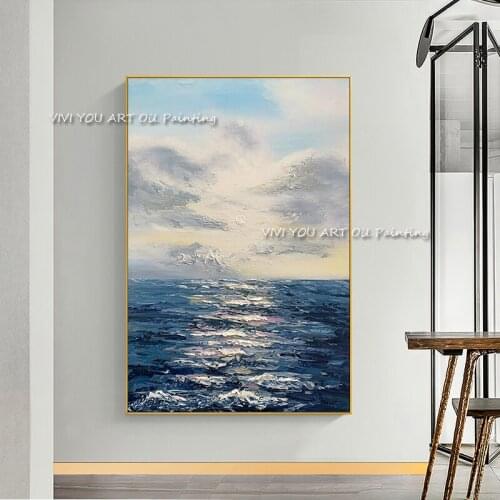 Nordic Bright Sky Sea Clouds Canvas Painting Handmade Modern Seascape Wall Art Pictures For Living Room Bedroom home deco