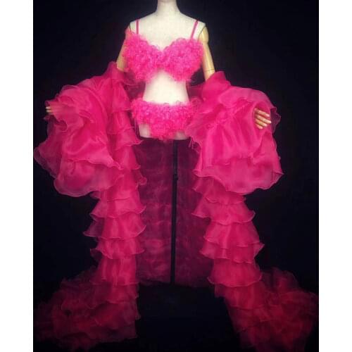 Rose red wig bikini long trailing coat stage costume set Nightclub Bar Women Singer Dancer Models Catwalk Party Dance Wear