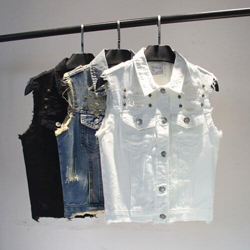 Fashion Pentagram Rivet Hole Denim Vest Womens Short Jeans Jacket 2021 Summer Korean Sleeveless Female Vintage Outerwear