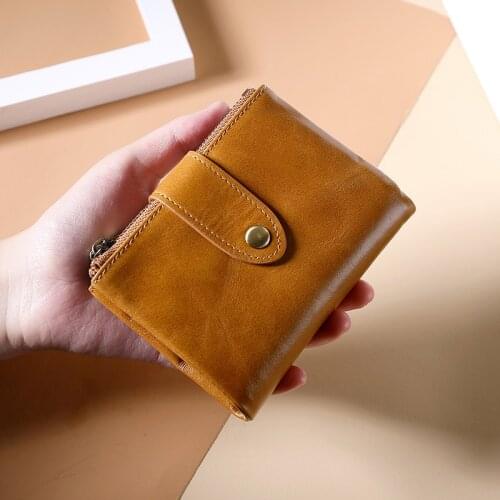 Mens Wallet Oil Wax 100% Cowhide Double Zipper Rfid Multi-function Retro Wallet with Coin Pocket High Quality Male Purse