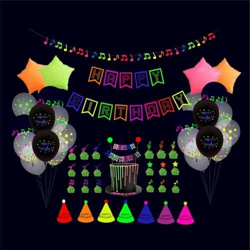Neon Balloon Fluorescence Happy Birthday Hanging Garlands Bunting Banner Glow Cap Hat Cupcake Cake Topper Set Party Decoration