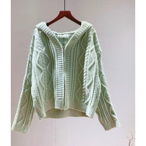 Core-spun yarn literary academy style geometric hooded solid color sweater jacket female autumn new zipper knitted cardigan tide