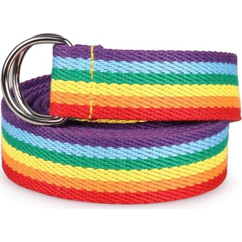 Womens Canvas Belt Double Ring D Type Buckle Rainbow Strip Webbing Casual Wild Super Long Decorative Canvas Belt Unisex