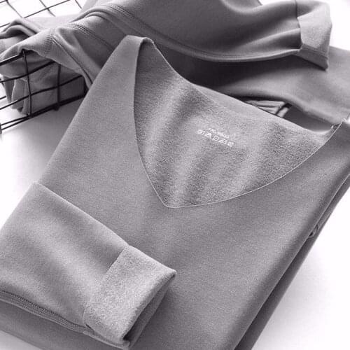 Self heating mens autumn and winter warm underwear set thin fleece autumn clothes and trousers with velvet V-neck