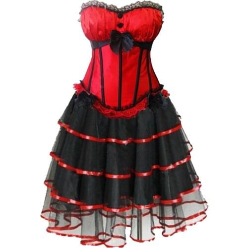 Sexy Lingerie Costumes Red Padded Cup Corset Dress Party With Skirt 8899+7007 S-2XL