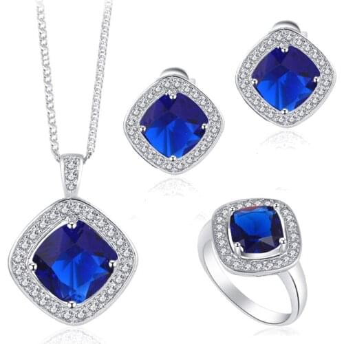 ROLILASON stamped Earring Necklace Pendant rings Wedding Blue AAA CZ Fashion Jewelry Set for party JS640