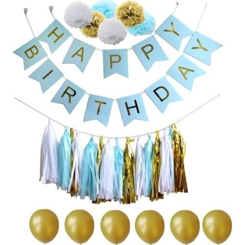 Blue White and Gold Tissue Paper Tassel Garland Pompoms Party Balloons with Happy Birthday Banner flags for Boy Birthday Decor