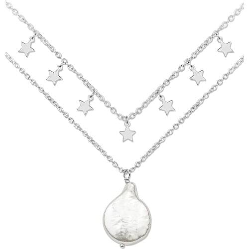 DARK DIAMOND-Double Star and Natural pearl necklace in 925 Sterling Silver Rhodium plated or gold plated 18k
