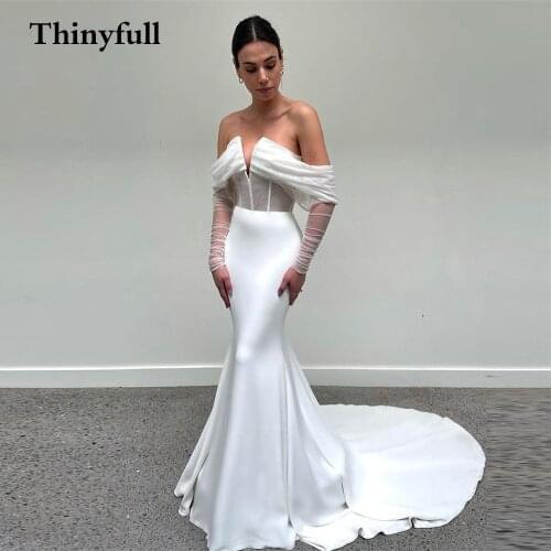 Thinyfull Beach Mermaid Wedding Dresses Off Shoulder Long Sleeves Boho Bridal Gowns Illusion Bride Dress Abito Da Sposa