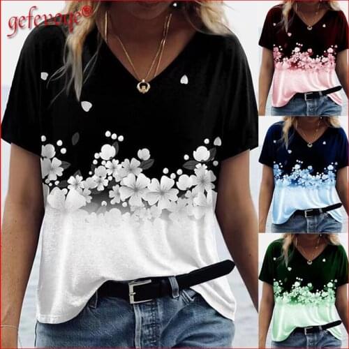 Floral Printed V Neck Short Sleeve Tops Casual Loose Plus Size Harajuku Tees Female T-shirt 2021 Summer Clothing 2021 Camisetas