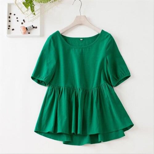 2020 women summer cotton shirt solid 7 color solid O-neck ruffles sweet girl tops vestido plus size women tops M-7XL