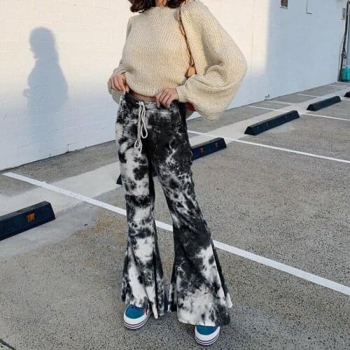 Women Tie Dyed Flared Pants Elastic High Waist Drawstring Wide Leg Trousers Fashion Chic Lady Casual Bell-Bottoms Pants