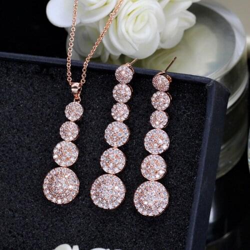 Full Paved Cubic Zirconia Circular Long Drop Earrings Pendant Necklace Jewelry Sets For Women Fashion Party Earring Jewelry 2018