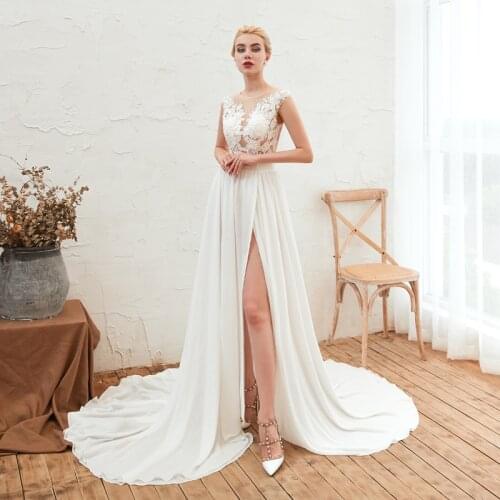 2019 Newest Long Evening Dresses White Illusion Evening Gowns For Women Court Train Formal Dress