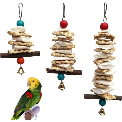 Bird Parrot Toy with Bell Natural Wooden Grass Chewing Bite Hanging Cage Swing Climb Chew Toys 23