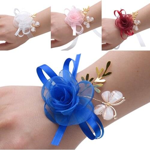 1pc Bride Wrist Flower Imitate Flower Net Gauze Butterfly Decoration Bridesmaid Sisters Wrist Flowers Wedding Supply Accessories