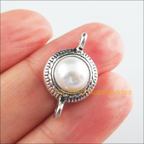 10 New Round Charms Tibetan Silver Tone Retro Flower White Acrylic Connectors 13x22.5mm