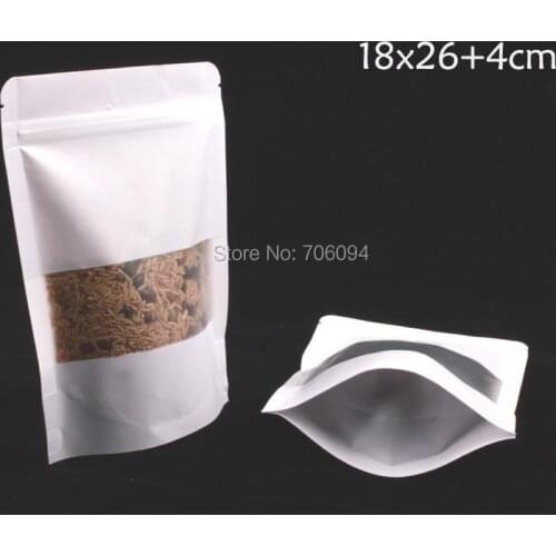 100PCS 18*26+4CM Zip lock Stand Up white kraft Bag with window Moisture-barrier Food Kraft Bag